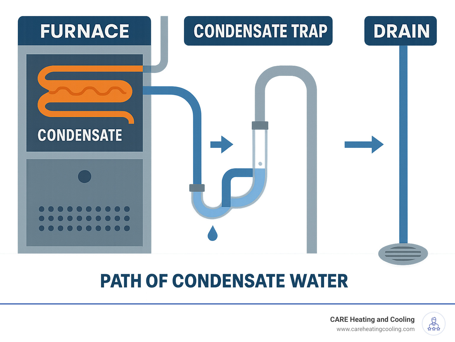 Detailed infographic showing the path of condensate water from furnace heat exchanger through condensate trap to drain, with labels for each component and arrows indicating water flow direction - Furnace drain line infographic 