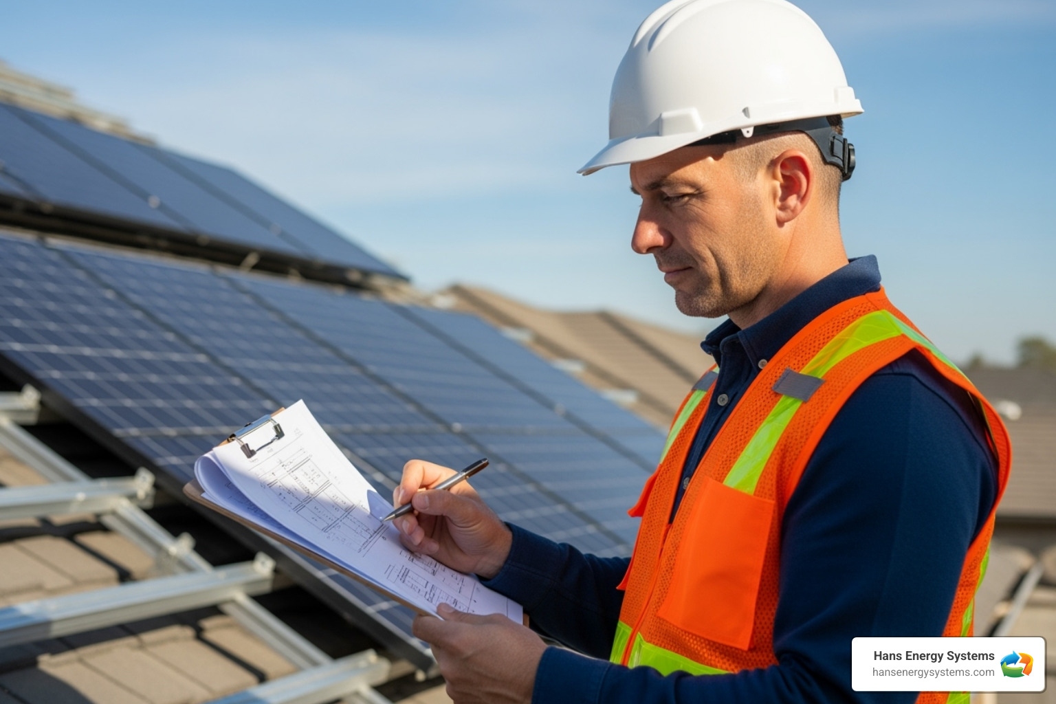 Certified solar technician reviewing plans - Solar installation Oceanside