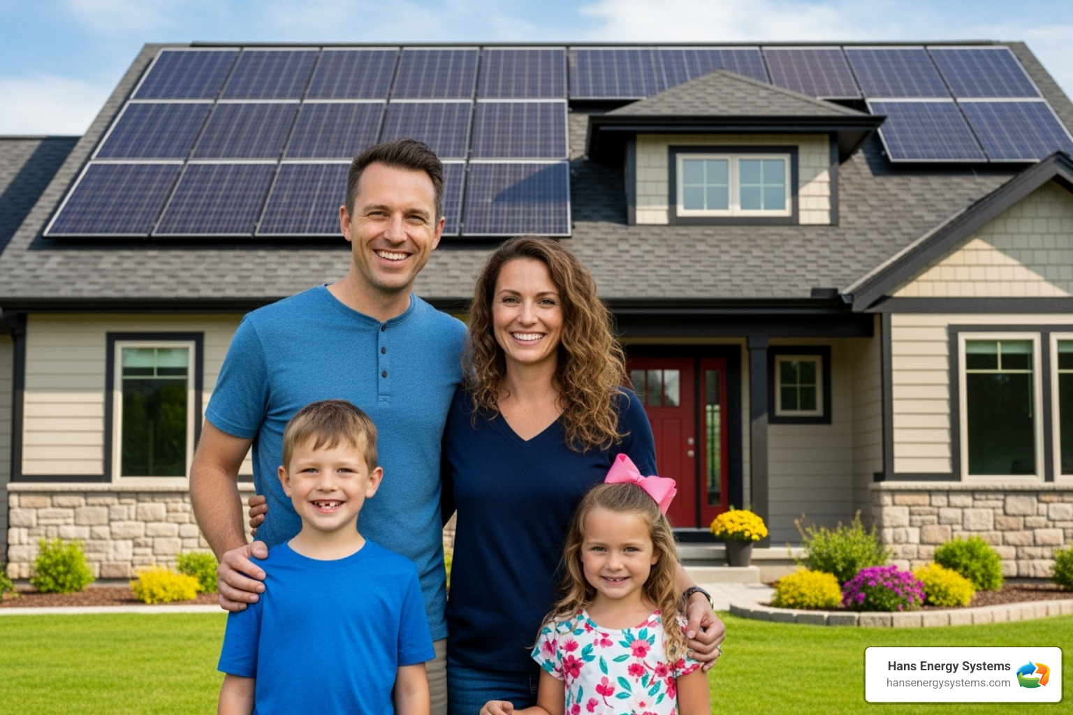 Family smiling in front of solar-equipped home - Solar installation Oceanside