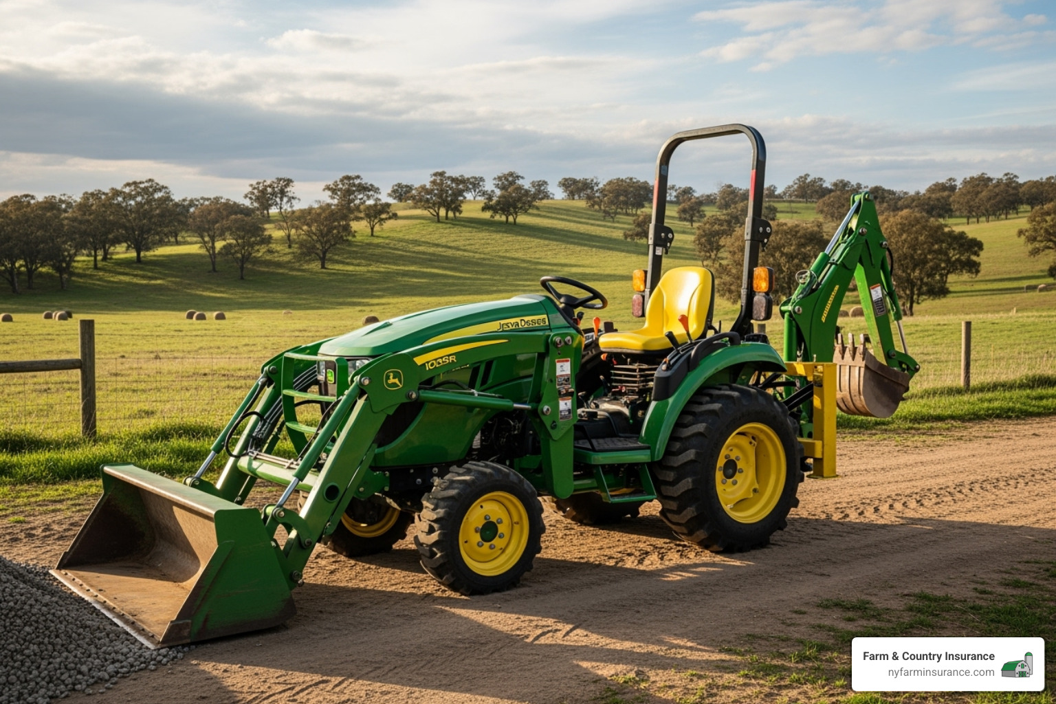 small tractor with various attachments like a front-end loader and a backhoe - small tractor insurance