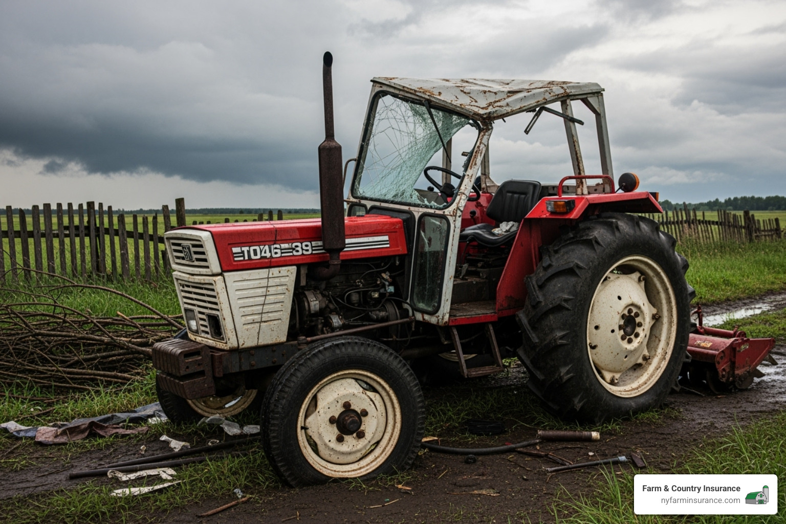 damaged tractor after an accident or storm - small tractor insurance