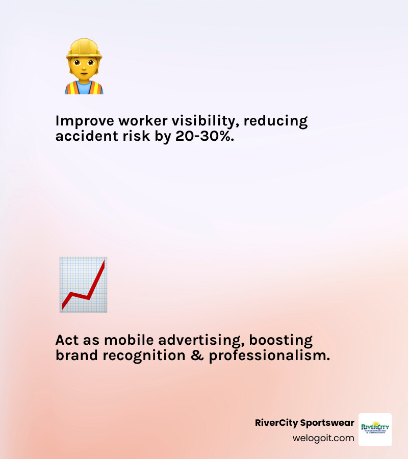 Infographic showing custom safety shirts benefits: worker wearing hi-vis shirt with company logo, arrows pointing to safety compliance checklist and brand visibility metrics, including 20-30% accident reduction and mobile advertising value - custom safety shirts infographic 2_facts_emoji_light-gradient