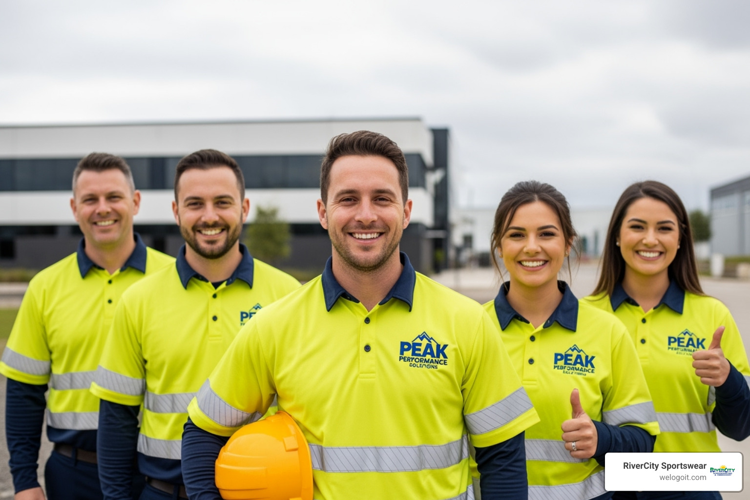 professional-looking team in matching custom hi-vis polo shirts - custom safety shirts