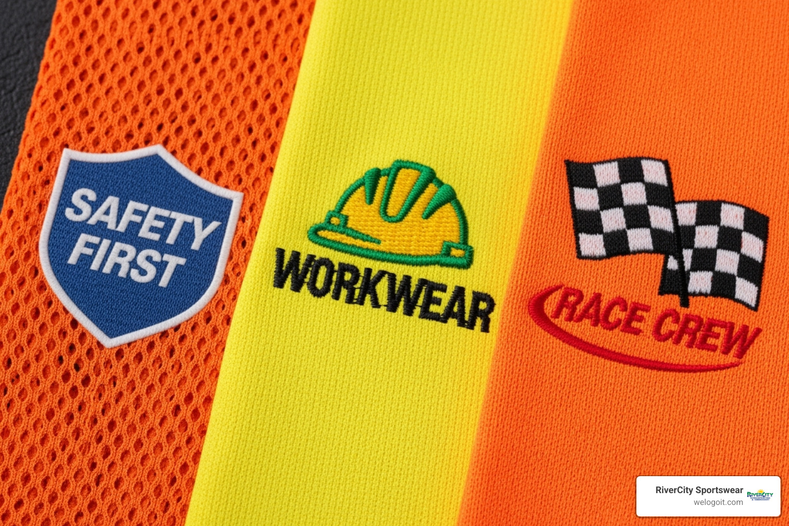 close-ups of screen printed, embroidered, and heat-transferred logos on hi-vis fabric - custom safety shirts
