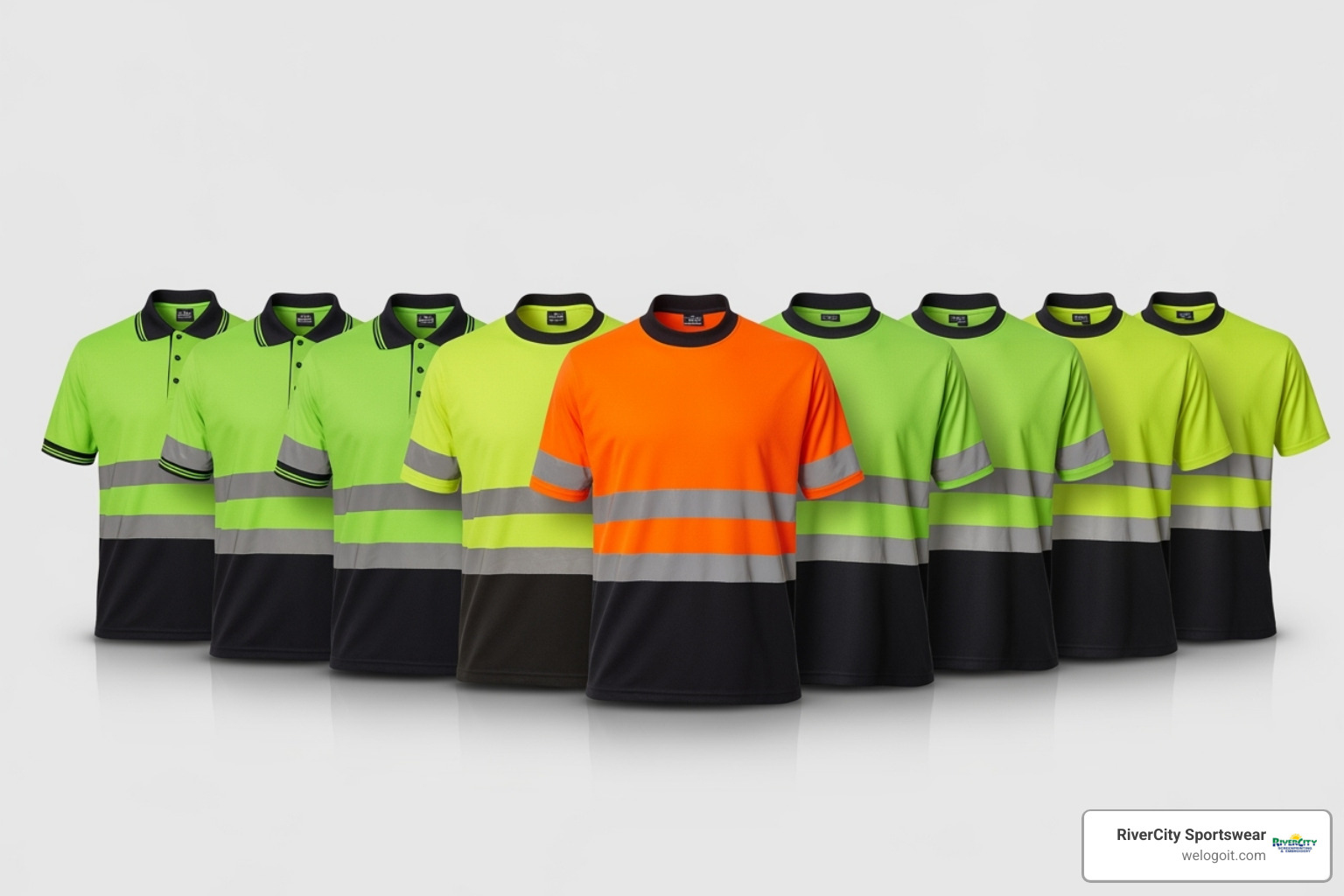 lineup of different safety shirt styles: short-sleeve, long-sleeve, polo, and black-bottom - custom safety shirts