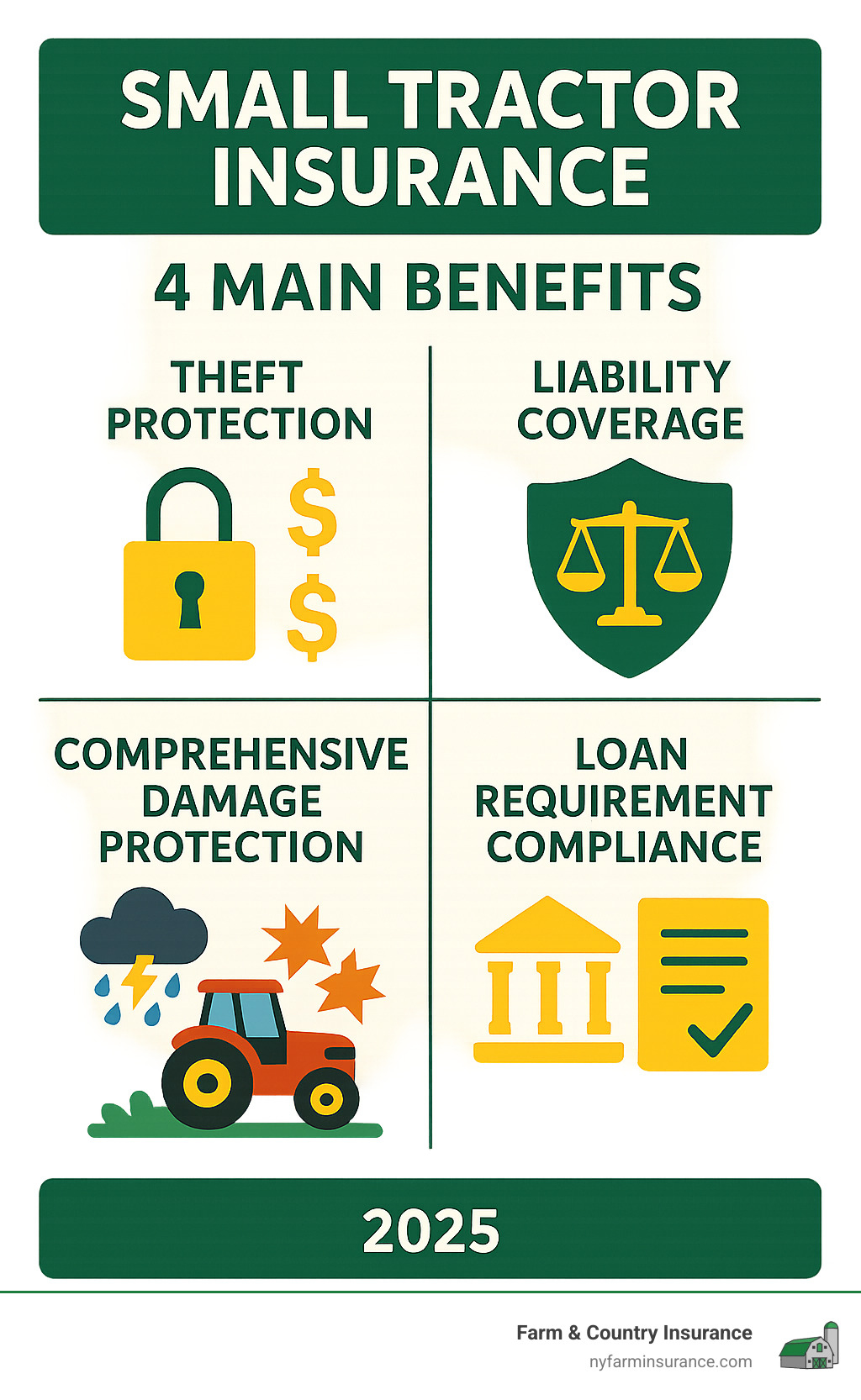 Infographic showing the four main benefits of specialized small tractor insurance: theft protection with dollar signs and lock icons, liability coverage with shield and scales of justice, comprehensive damage protection with weather symbols and collision graphics, and loan requirement compliance with bank and contract symbols - small tractor insurance infographic 
