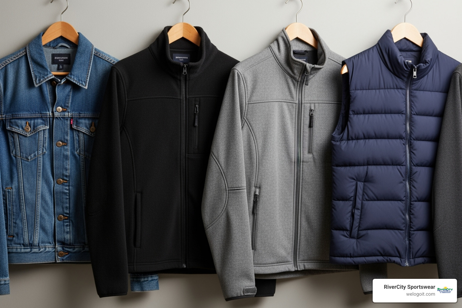 A lineup of different jacket types: a denim jacket, a fleece zip-up, a softshell, and a puffer vest. - embroidery for jackets