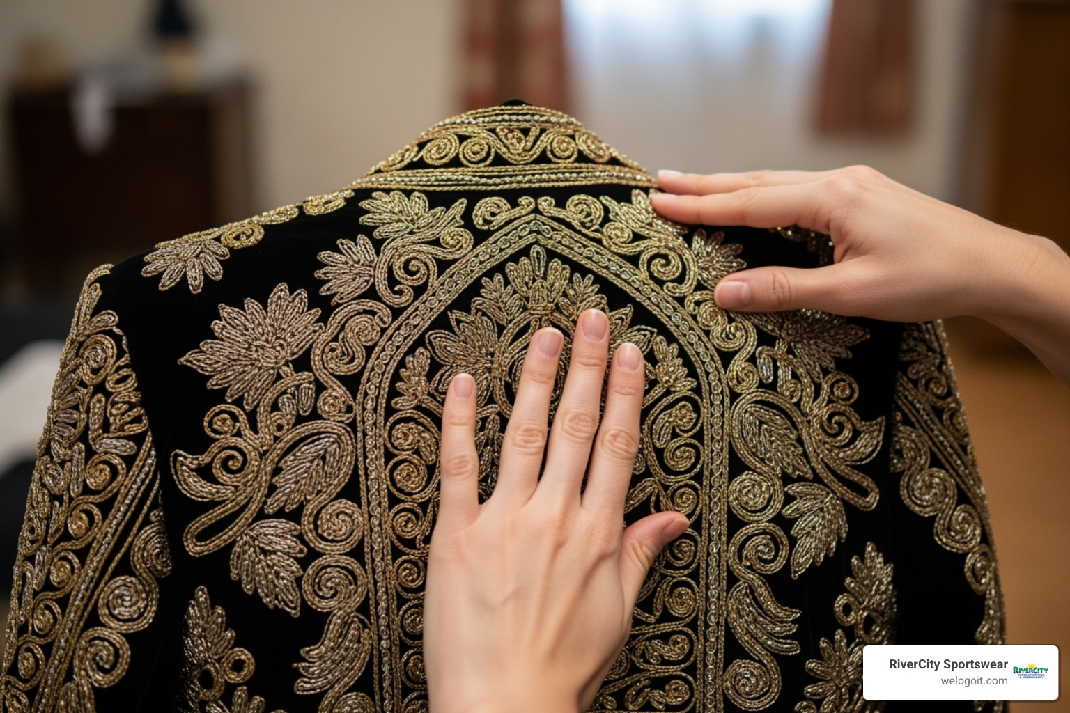 Someone gently folding an embroidered jacket for storage. - embroidery for jackets