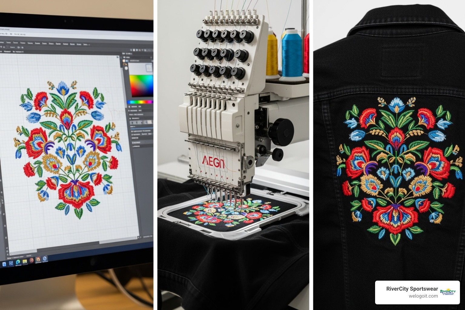 Showing the three stages: a digital design on a computer, an embroidery machine stitching the design, and the final embroidered jacket. - embroidery for jackets