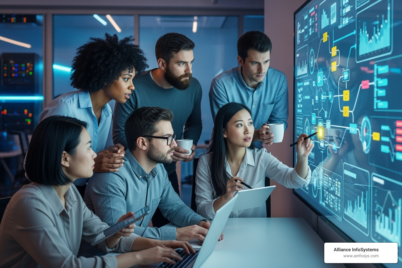 Diverse team of IT specialists collaborating on a complex network diagram, representing the breadth of expertise an MSP brings - IT managed services