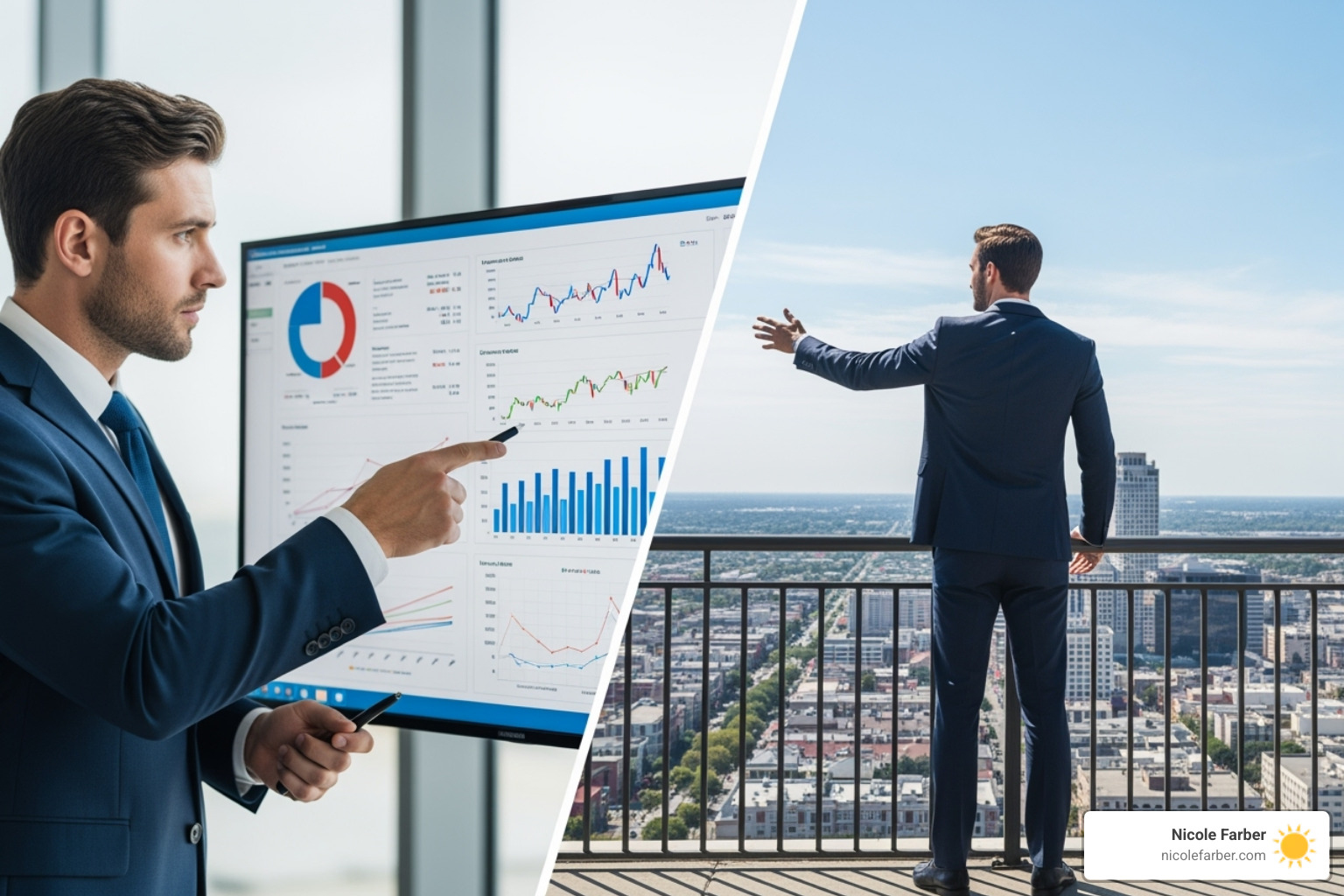 A split-screen showing a manager pointing at a chart versus a leader gesturing towards a horizon in a New Orleans business setting - being a good leader in the workplace