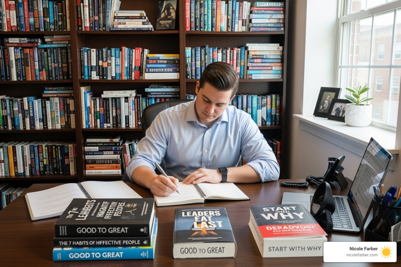 A person journaling or planning at a desk with books on leadership in a Luzerne County workspace - being a good leader in the workplace