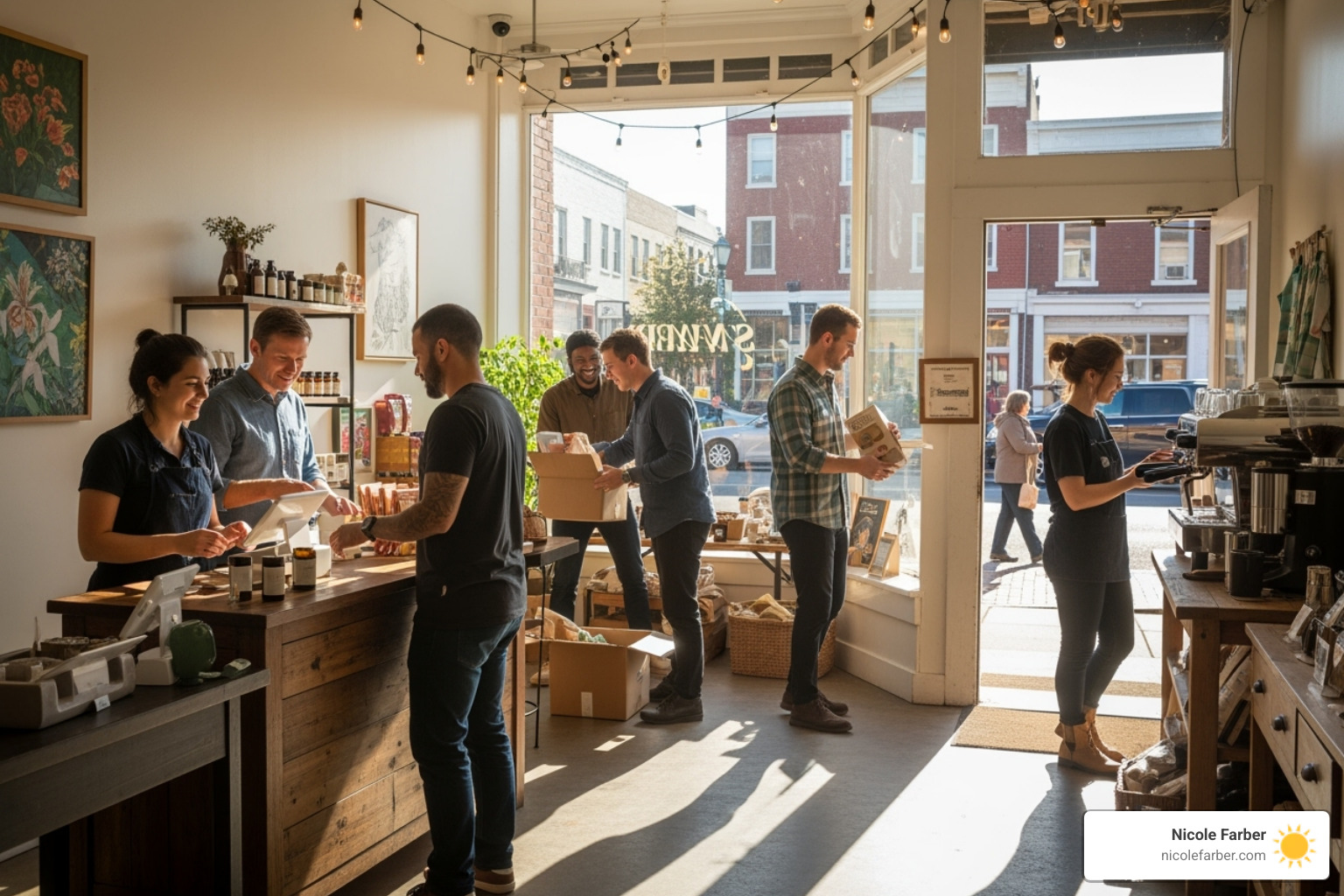 A thriving small business in Antigua Guatemala or Wilkes-Barre, showcasing a vibrant team - being a good leader in the workplace