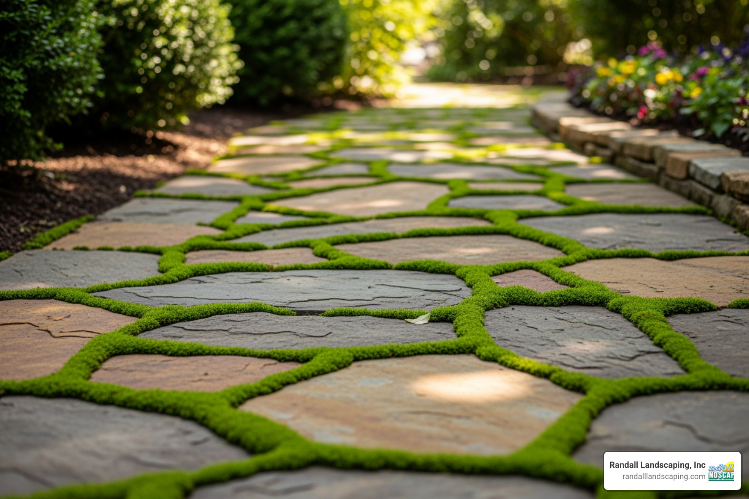 finished flagstone path with moss growing between the stones - installing flagstone stepping stones