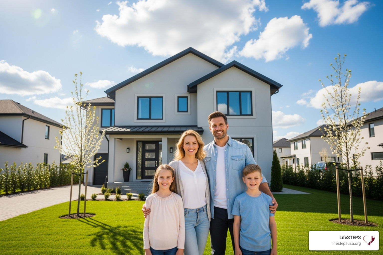 A family in front of their new home, purchased with FSS escrow funds - family self sufficiency program hud