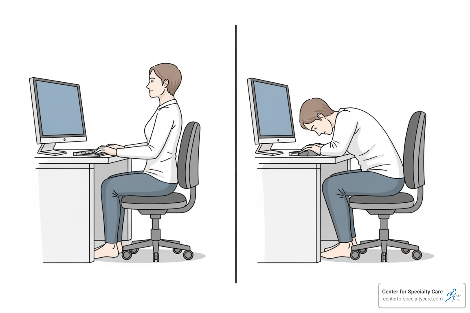 good vs bad posture at a desk - ache shoulders