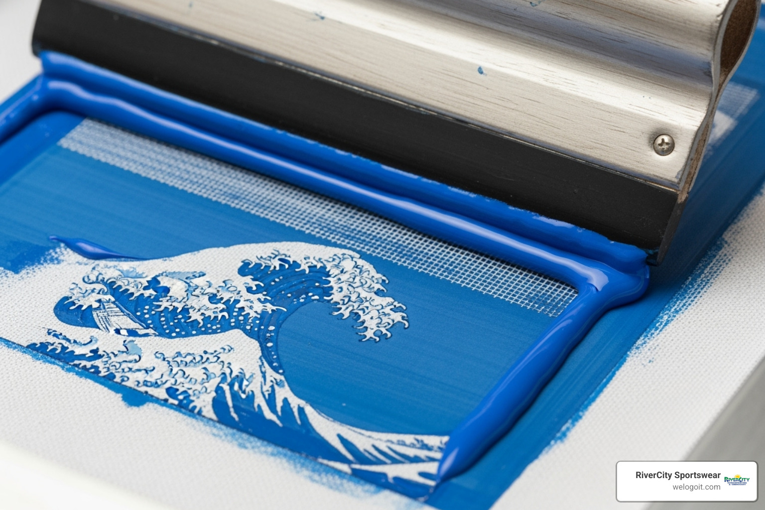 screen printing process showing a squeegee pushing ink through a mesh screen - quick turnaround screen printing