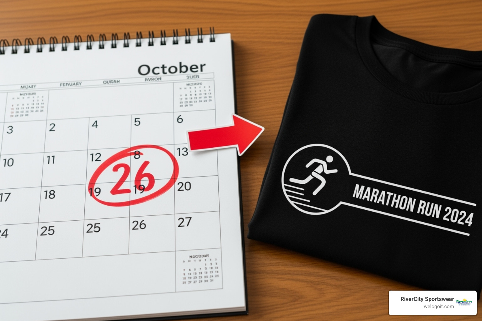 calendar with a tight deadline circled and an arrow pointing to a finished custom t-shirt - quick turnaround screen printing