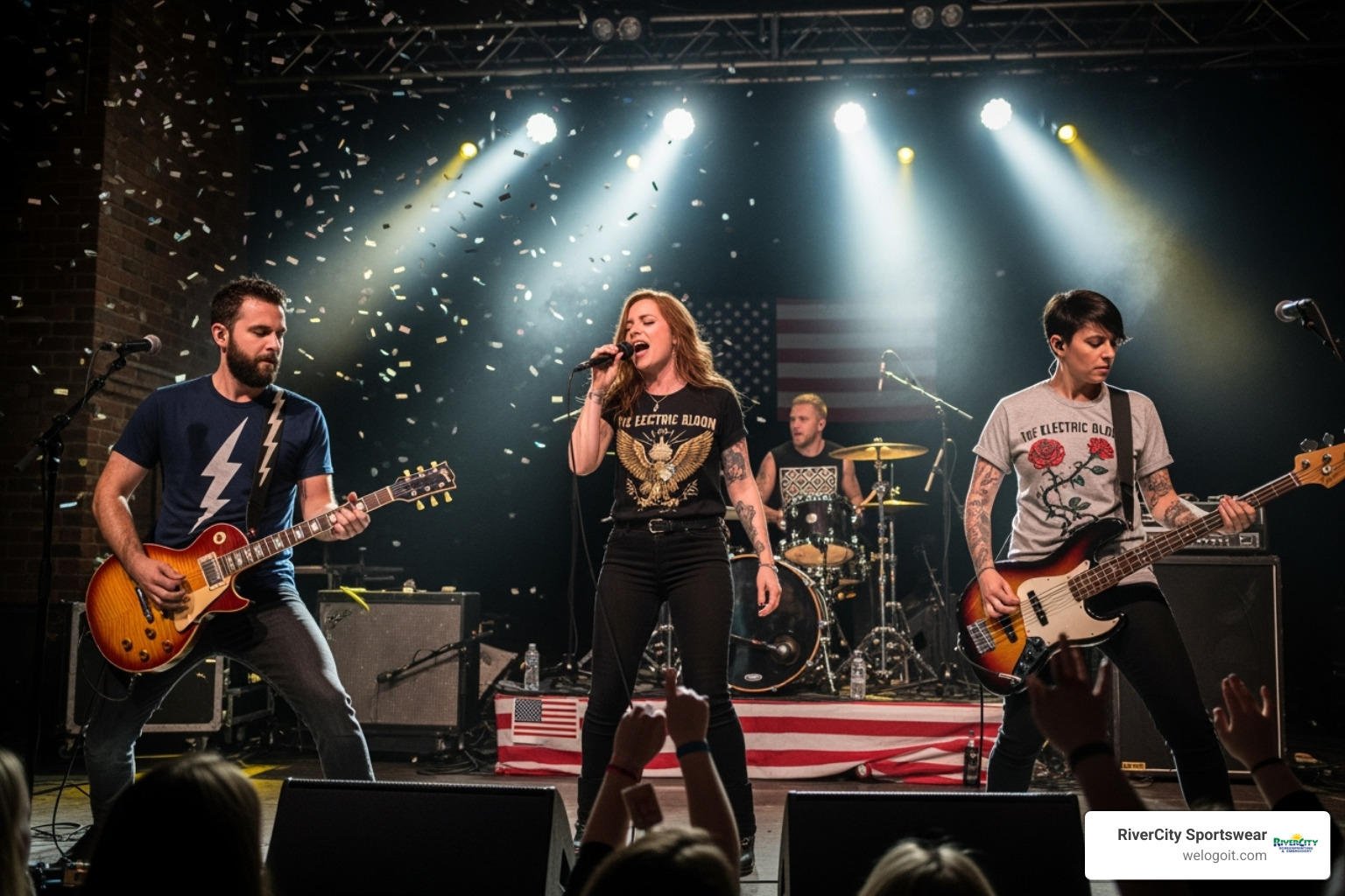 band on stage wearing their freshly printed merch - quick turnaround screen printing
