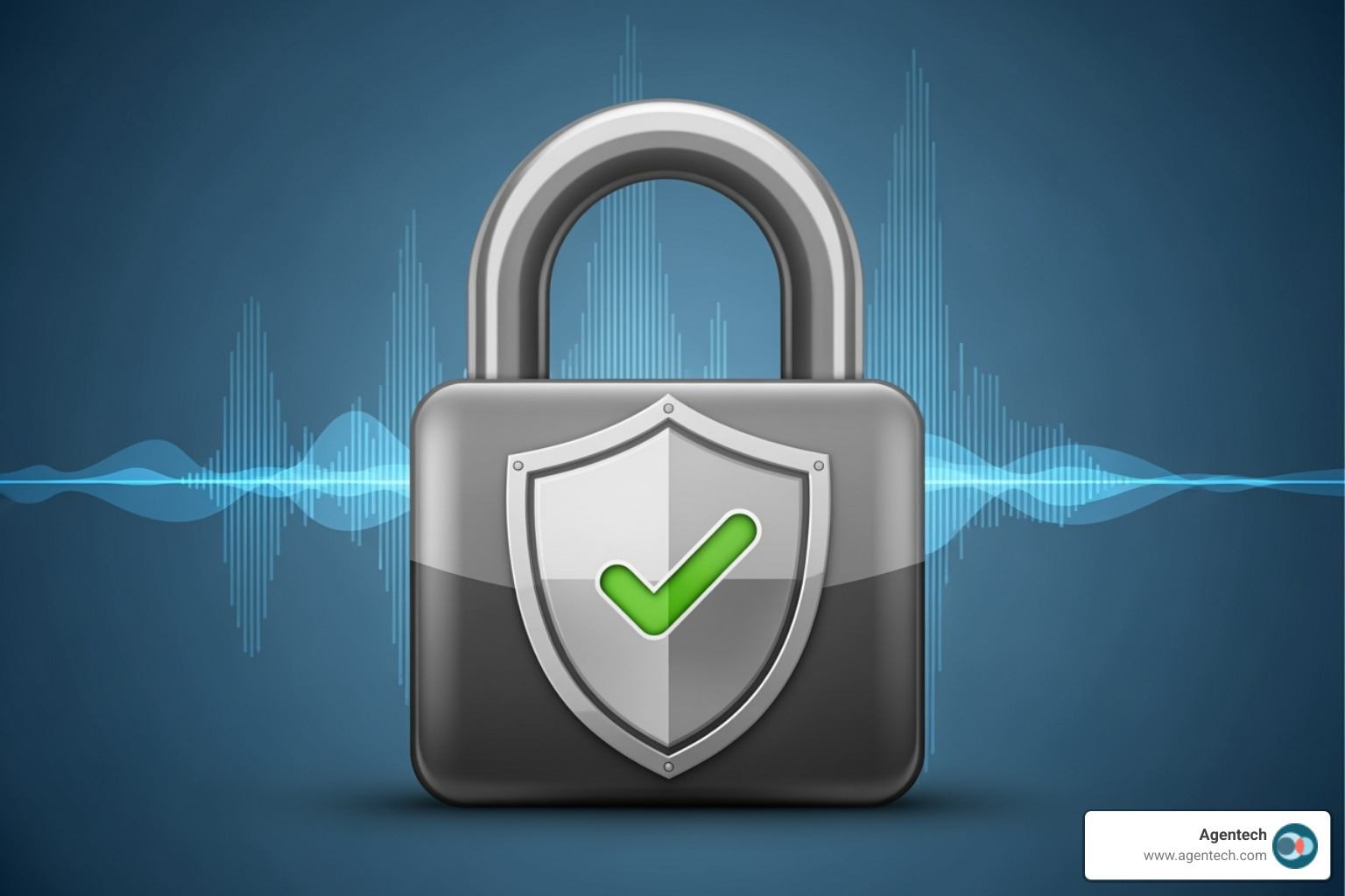 Lock and shield icon overlaying a soundwave to represent data security - always on AI assistant