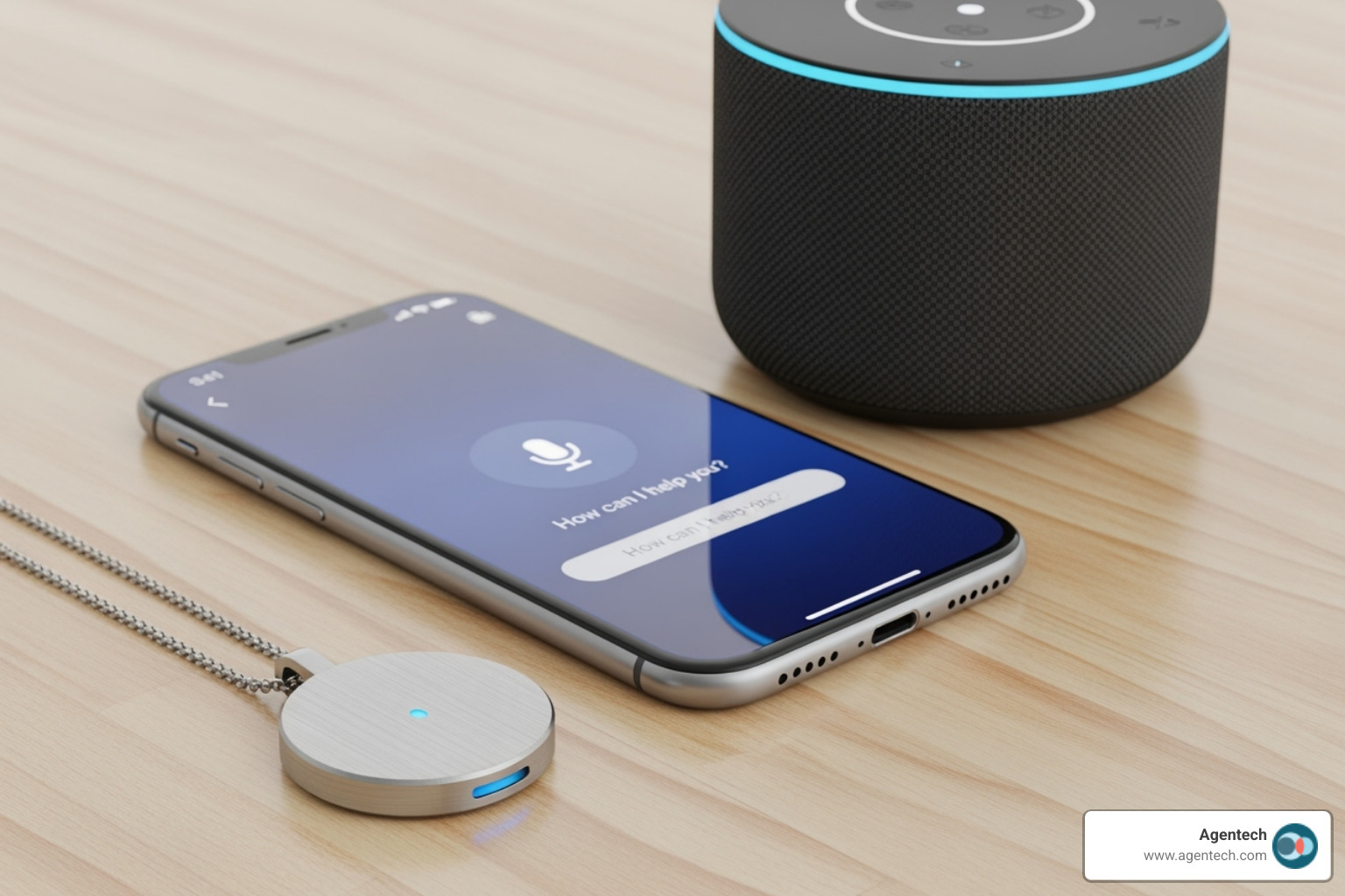 Comparison of a wearable AI pendant, a smartphone with an AI app, and a smart home speaker - always on AI assistant