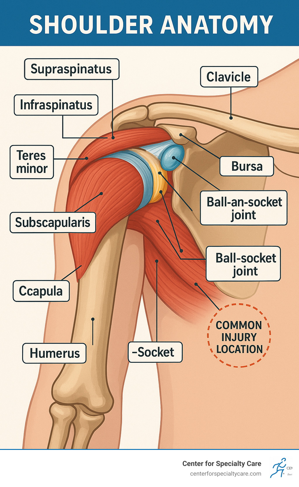 Detailed shoulder anatomy infographic showing the rotator cuff muscles (supraspinatus, infraspinatus, teres minor, subscapularis), major bones (humerus, scapula, clavicle), ball-and-socket joint structure, bursa, tendons, and common injury locations with labels - ache shoulders infographic 