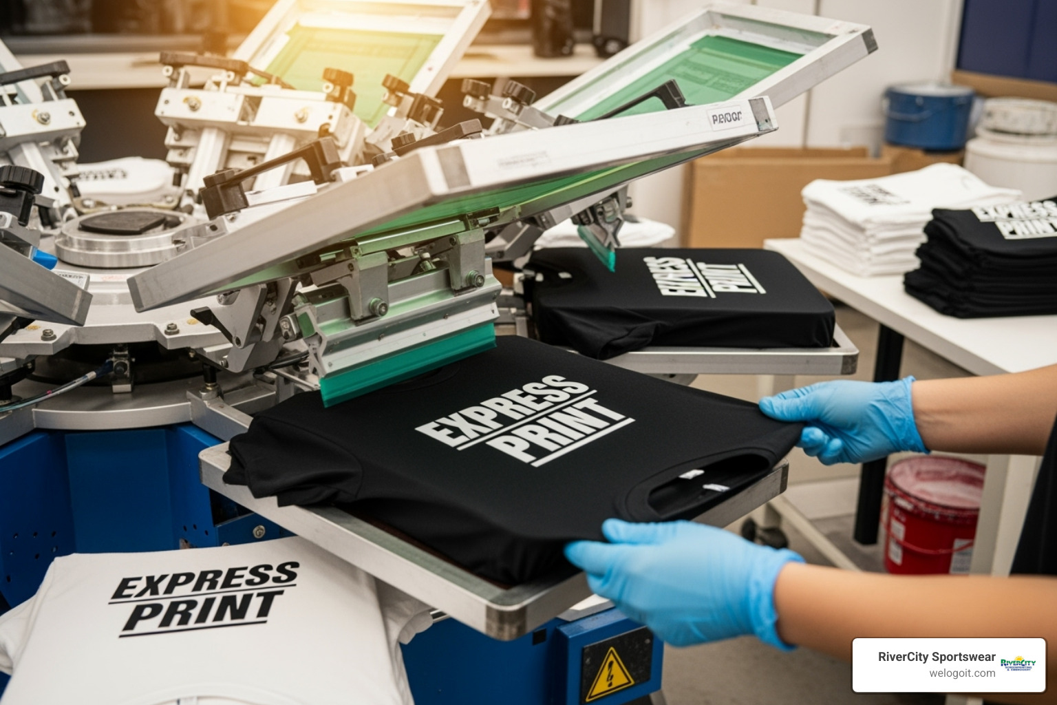 well-prepared vector art file on a computer screen next to a finished shirt - quick turnaround screen printing