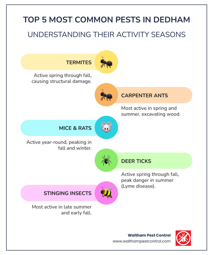 Infographic showing the top 5 most common pests in Dedham area including termites active spring through fall, carpenter ants most active in spring and summer, mice and rats active year-round but peak in fall and winter, deer ticks active spring through fall with peak danger in summer, and stinging insects most active in late summer and early fall - dedham pest control infographic infographic-line-5-steps-colors
