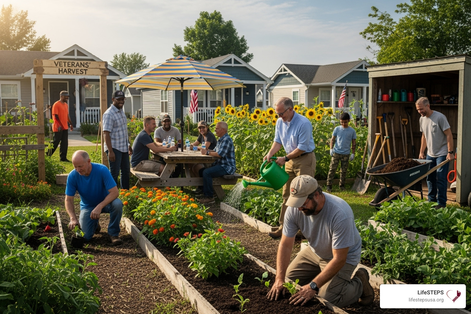 Veterans participating in a community garden at a housing village - supportive housing for veterans
