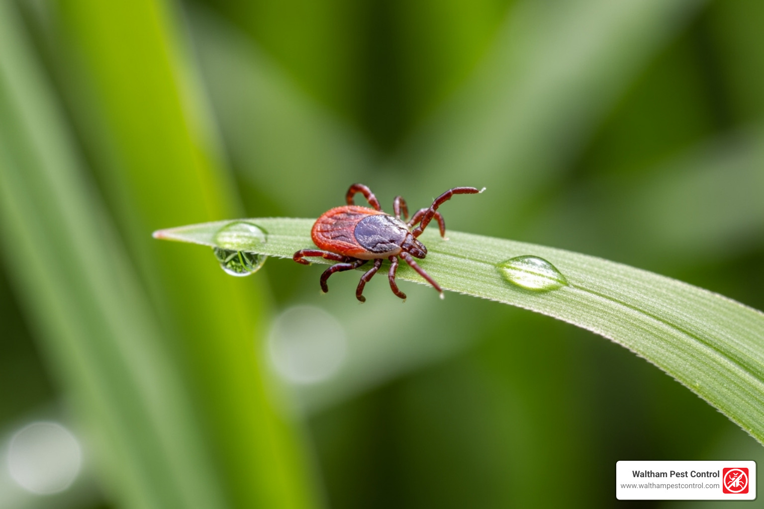 Image of a deer tick on a blade of grass - dedham pest control