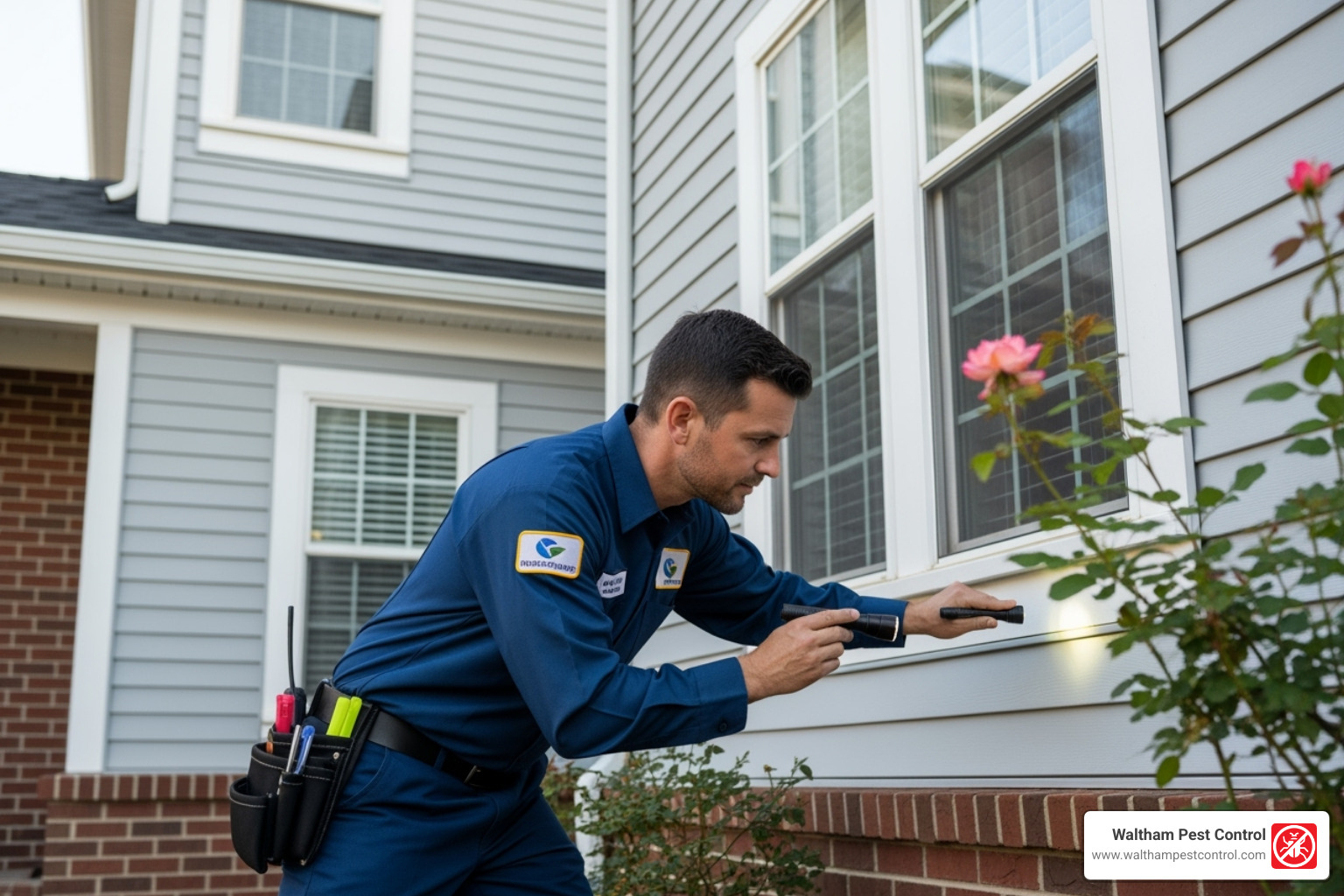 Image of a pest control technician inspecting a home's exterior - dedham pest control