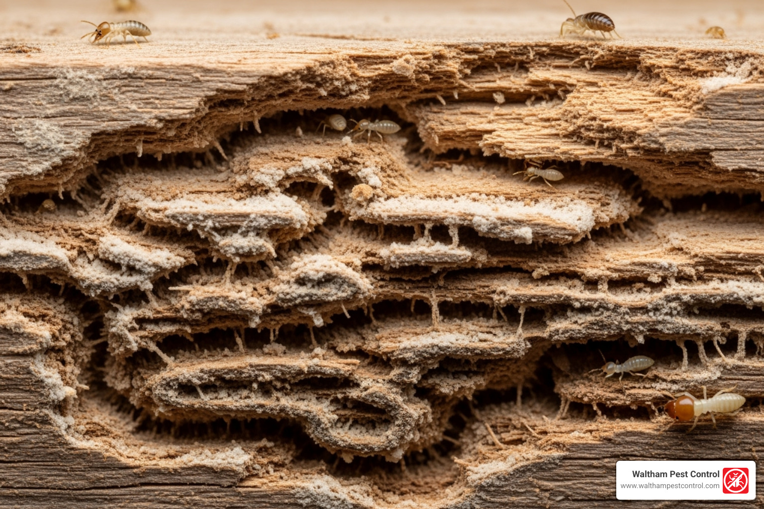 Image of termite damage to wood - dedham pest control