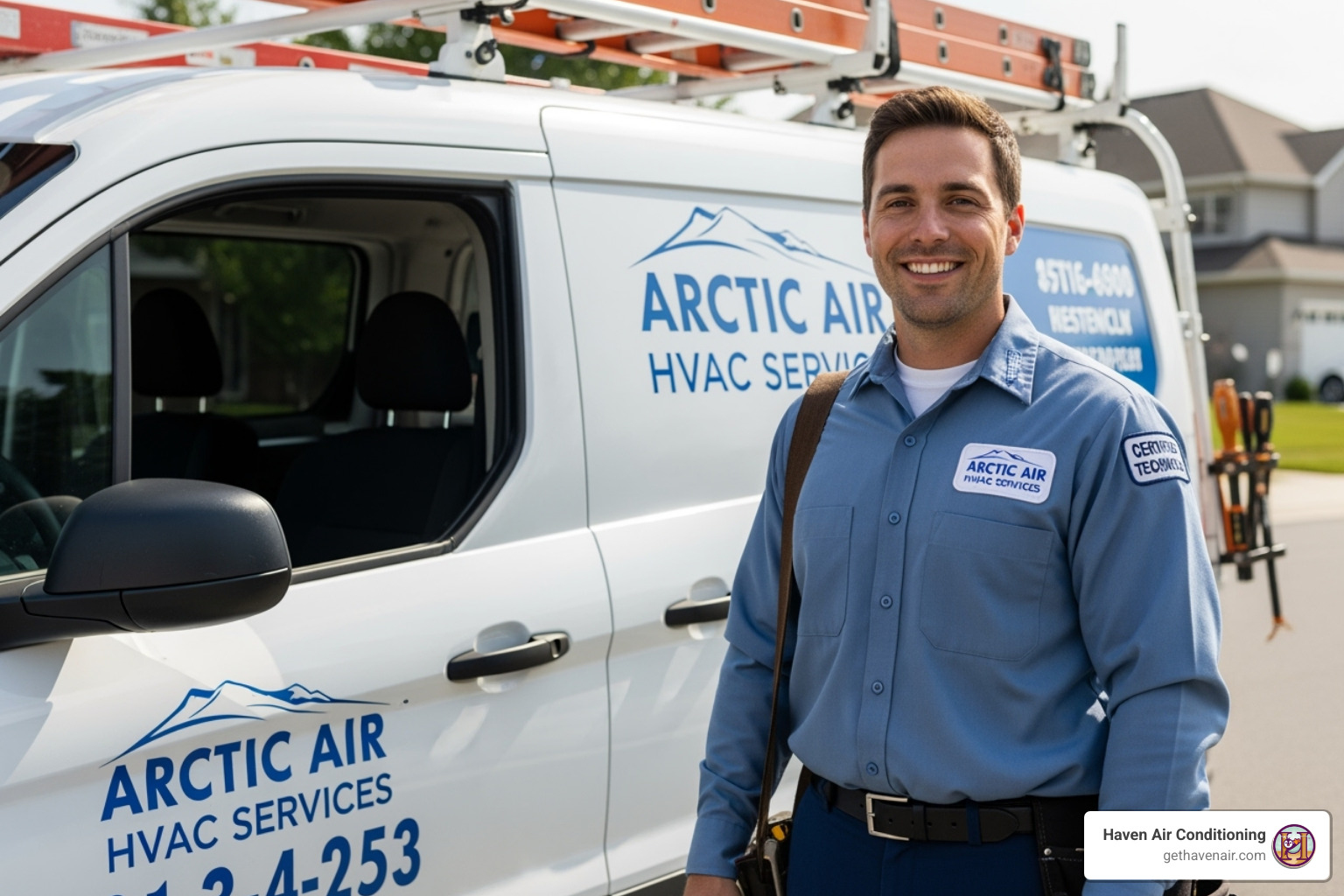 A friendly, certified technician in uniform standing next to a service van - AC repair Irvine CA A friendly, certified technician in uniform standing next to a service van - AC repair Irvine CA