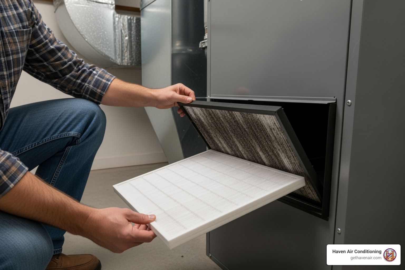 A person replacing a dirty HVAC air filter with a clean one - AC repair Irvine CA A person replacing a dirty HVAC air filter with a clean one - AC repair Irvine CA
