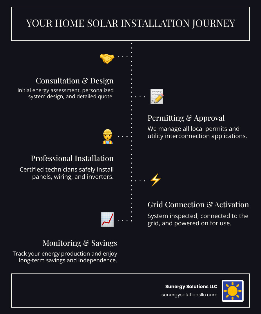 Infographic showing the complete residential solar installation process from initial consultation through system activation, including steps for home assessment, custom system design, permitting, professional installation by certified technicians, grid connection, and ongoing monitoring with warranty protection - Solar panel installers for homes infographic infographic-line-5-steps-dark