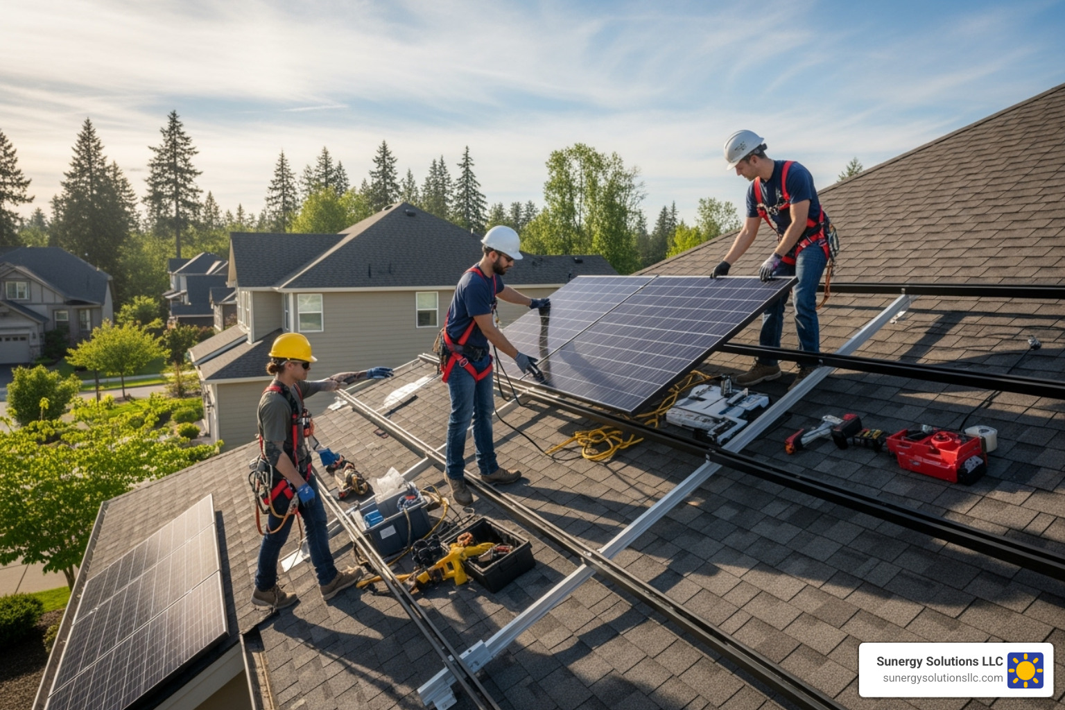 certified technicians safely installing solar panels on the roof of a US home - Solar panel installers for homes