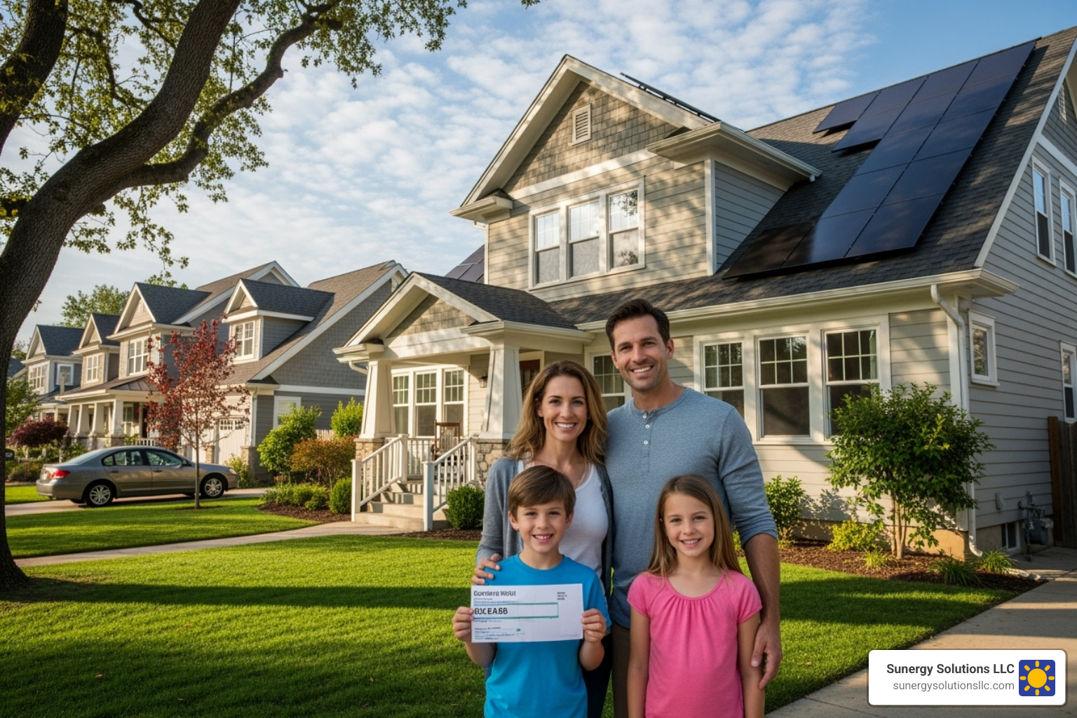 smiling family holding an electricity bill with a very low balance, with their solar-equipped home in US background - Solar panel installers for homes