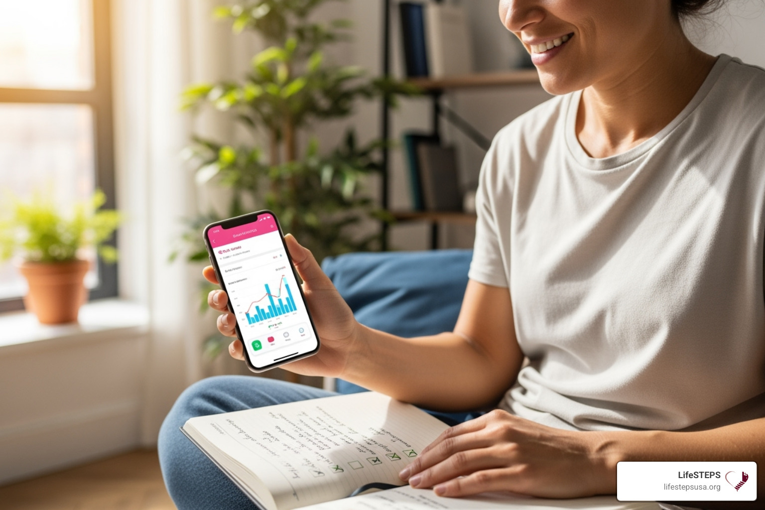 Image of a person successfully tracking their progress on a phone or journal, looking pleased. - private health coach