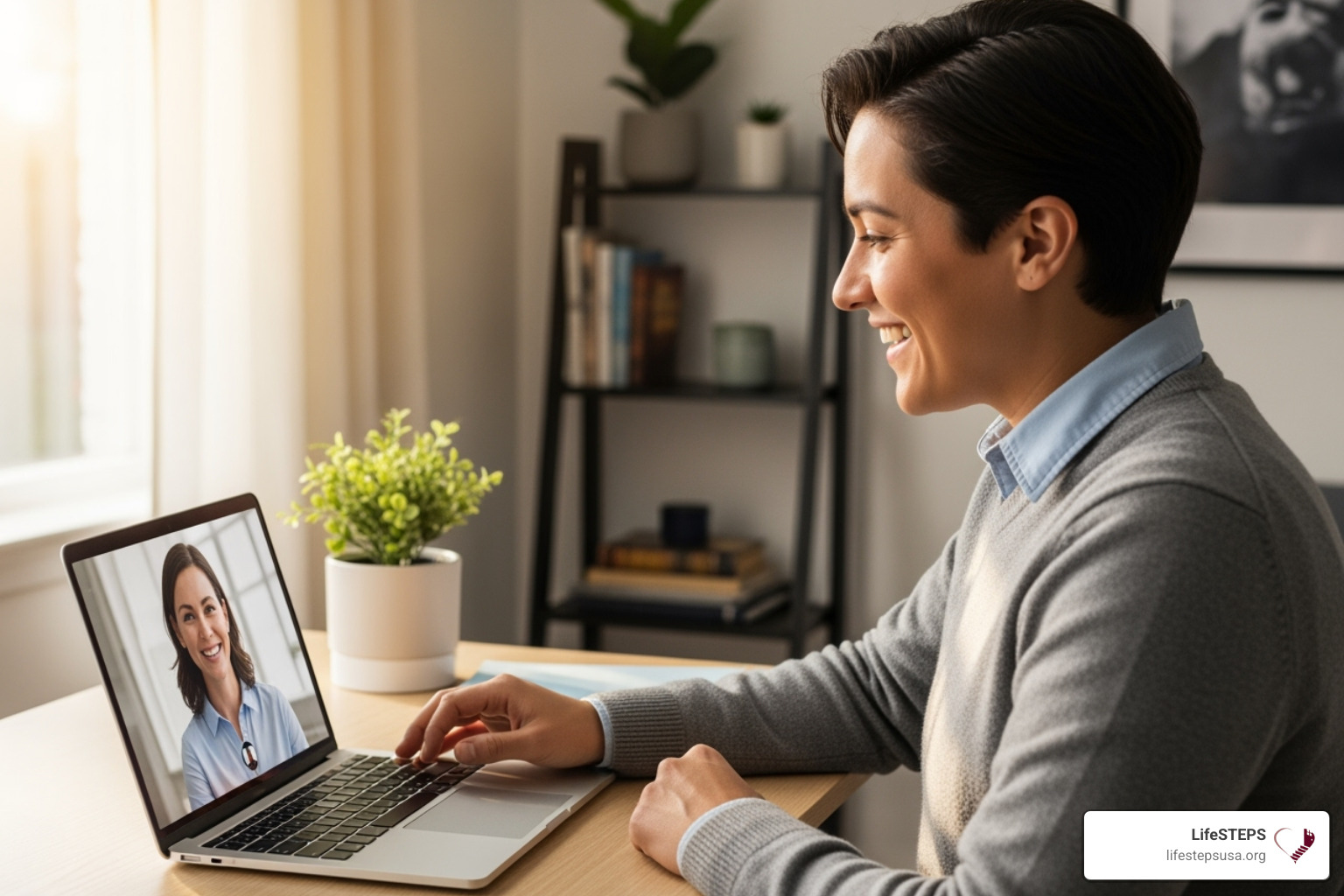 Image of a person having a positive virtual consultation with a health coach on a laptop. - private health coach
