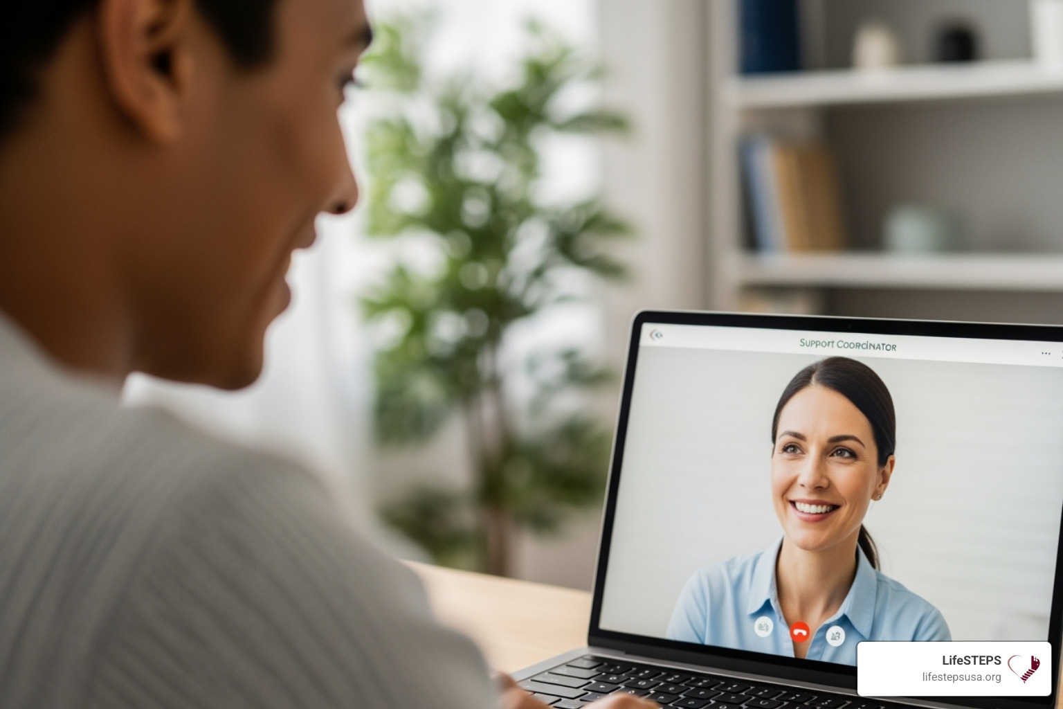A person smiling while on a phone call or video chat, engaging with a support coordinator. - independent support coordinator