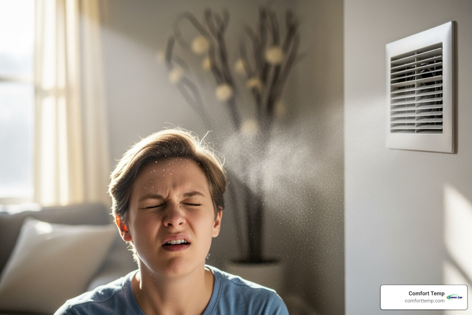 person sneezing near air vent - duct cleaning service person sneezing near air vent - duct cleaning service