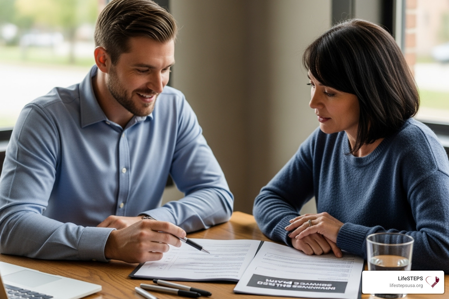 A case manager and a client sitting at a table, collaboratively reviewing a document that looks like a service plan - housing case management services