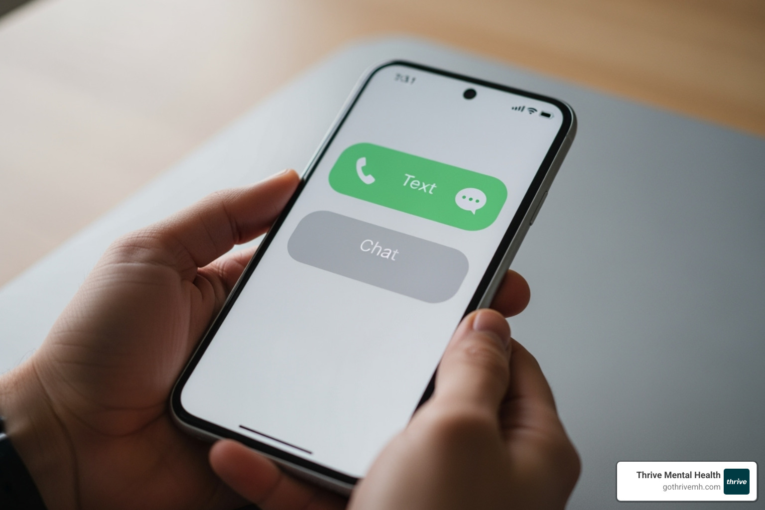 smartphone screen showing options for Call, Text, and Chat - crisis hotline