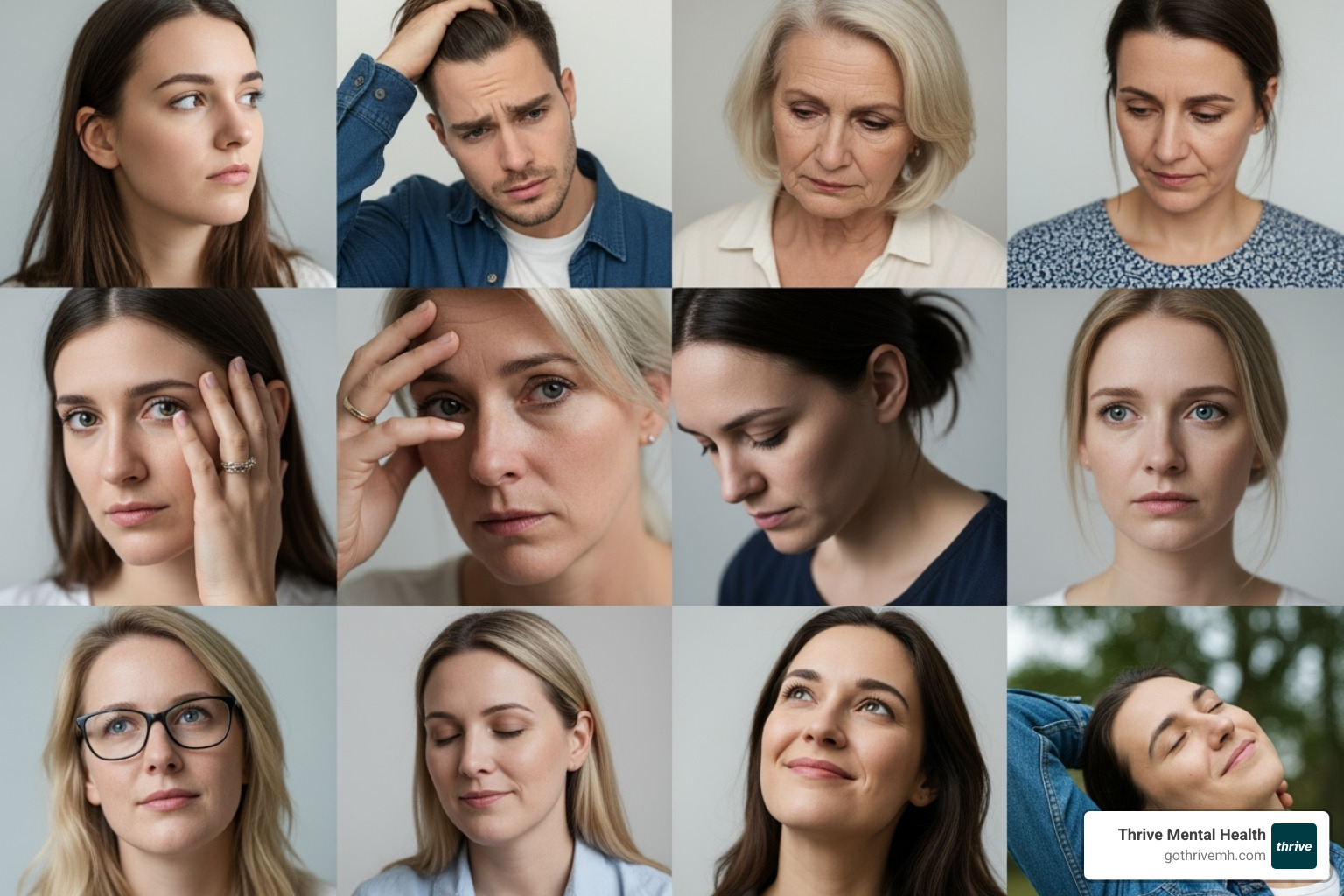 collage showing diverse people experiencing different emotions like stress, sadness, and relief - crisis hotline