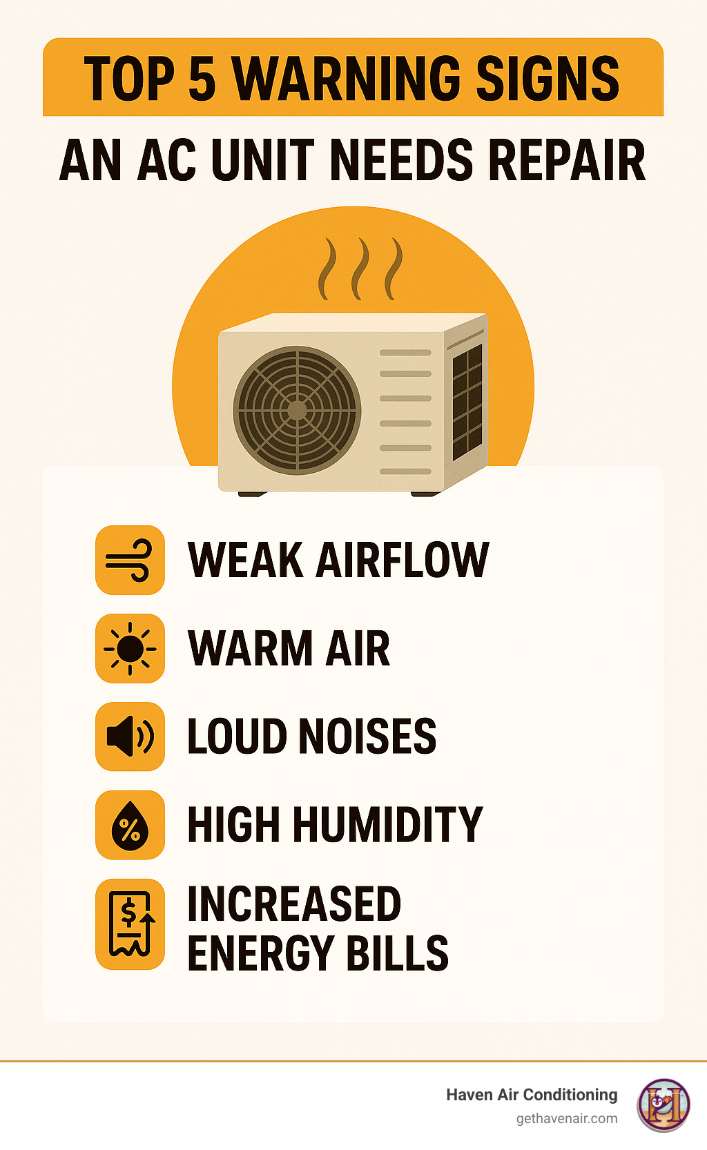 Infographic explaining the top 5 warning signs that an AC unit needs repair. - AC repair Irvine CA infographic  Infographic explaining the top 5 warning signs that an AC unit needs repair. - AC repair Irvine CA infographic