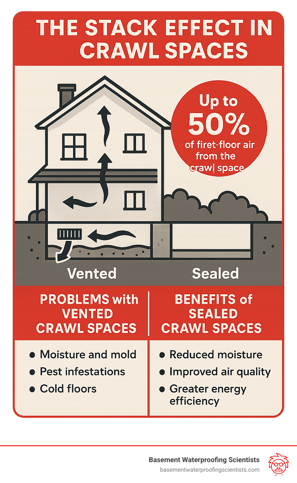 Infographic showing the stack effect in homes with crawl spaces, illustrating how up to 50% of first-floor air comes from the crawl space through natural airflow patterns, and comparing the problems of vented crawl spaces versus the benefits of sealed crawl spaces - best way to seal crawl space vents infographic 
