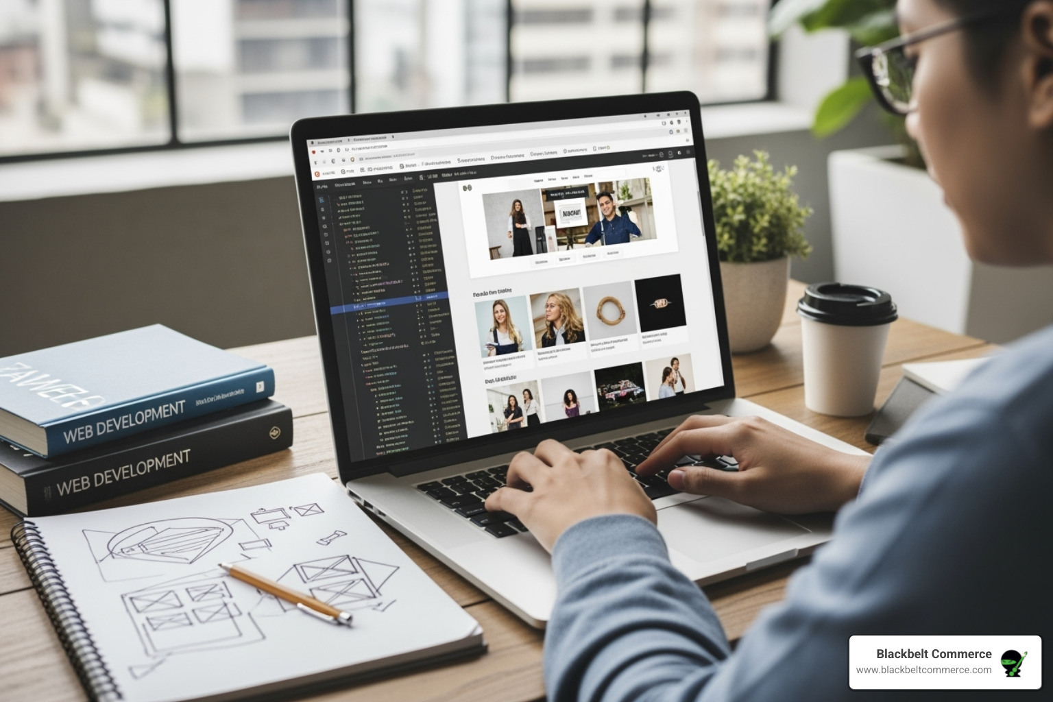 Developer's screen showing HTML, Liquid, and CSS code - create shopify theme from scratch