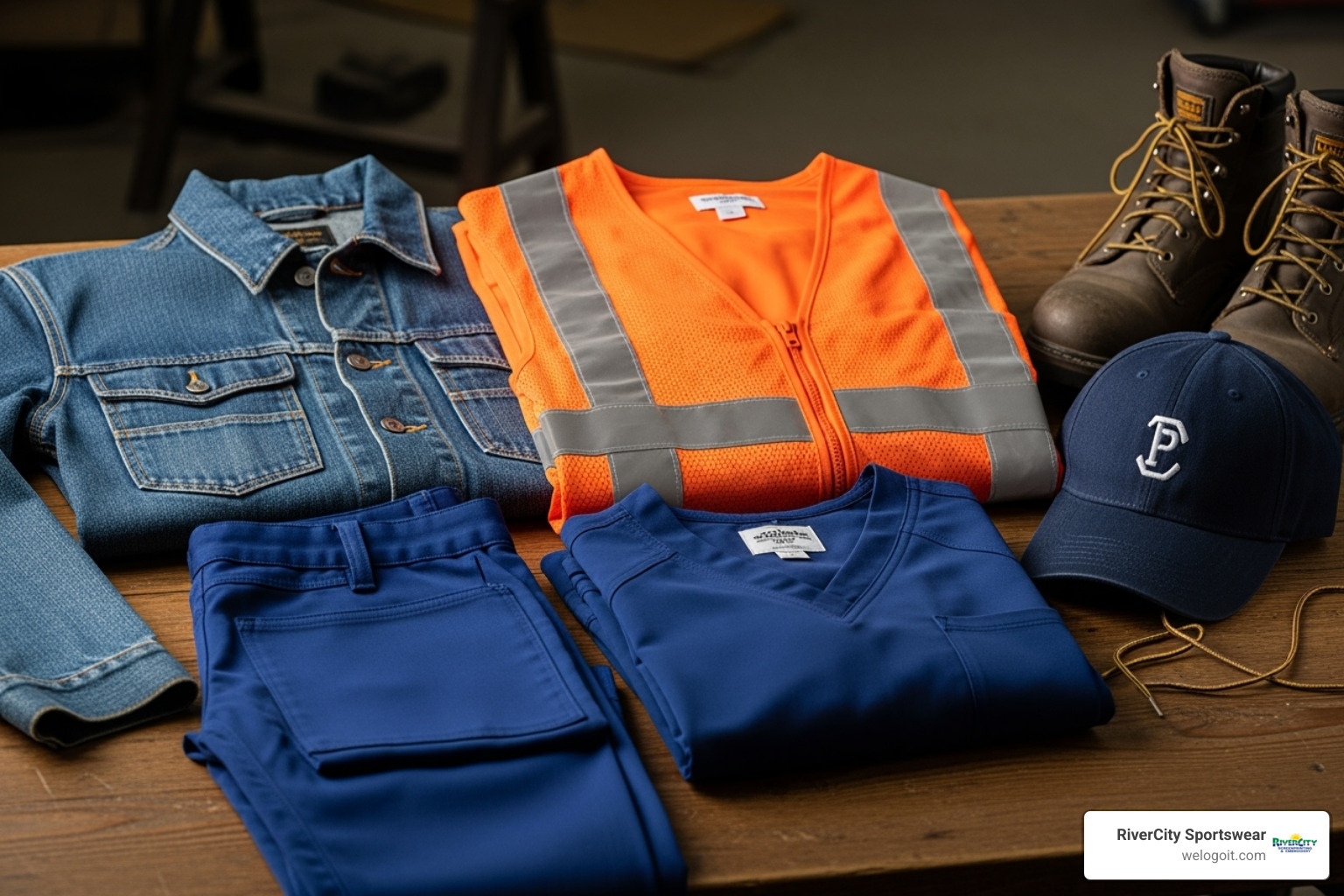 a collection of different workwear items like jackets, hats, hi-vis vests, and scrubs - workwear clothing embroidery