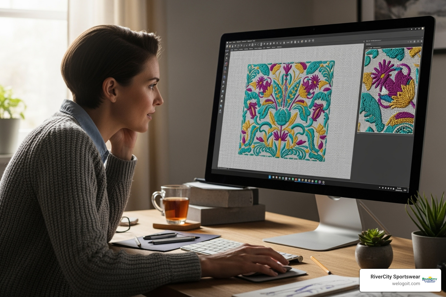 a designer reviewing a digital embroidery proof on a computer screen - workwear clothing embroidery