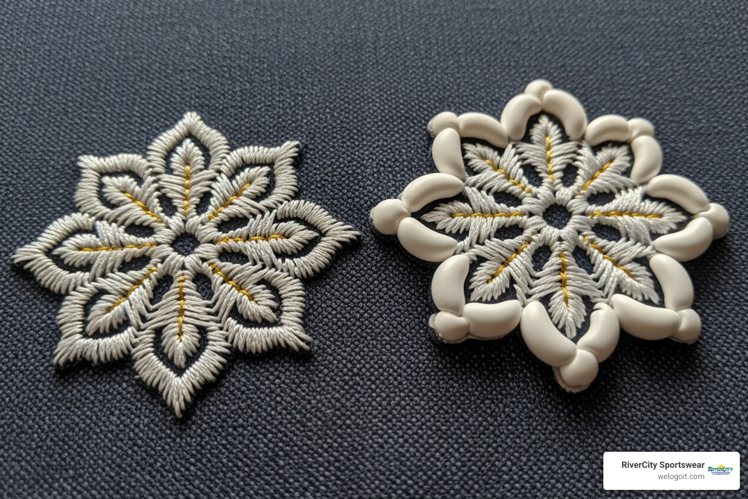 a flat embroidery design next to a 3D puff embroidery design - workwear clothing embroidery